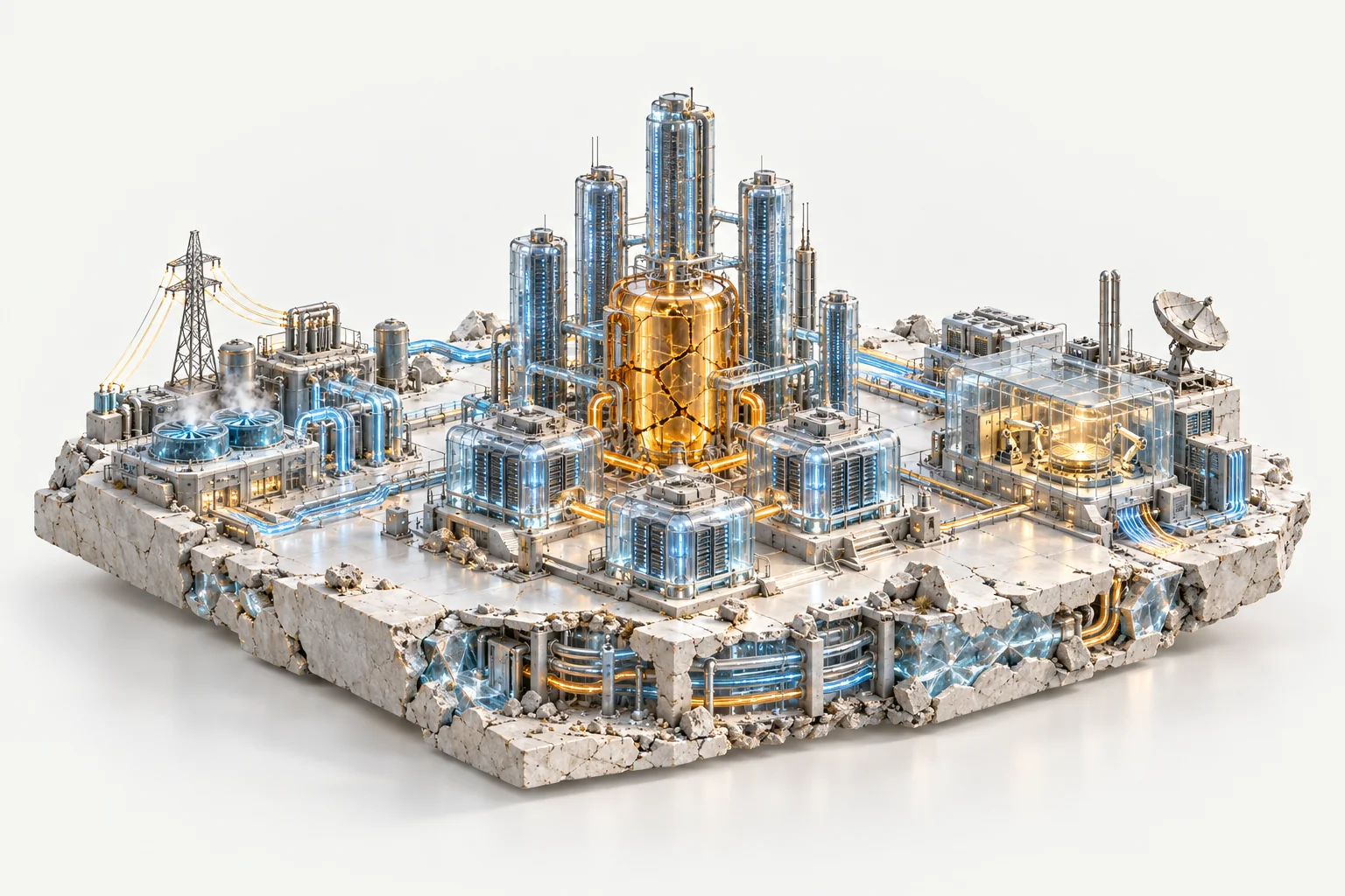 Conceptual glass-and-porcelain island connecting power generation, data-centre towers, chip fabrication and communications.